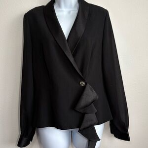 J.R. Nites by Caliendo Elegant Black Blazer with Satin Trim & Ruffle Shimmer